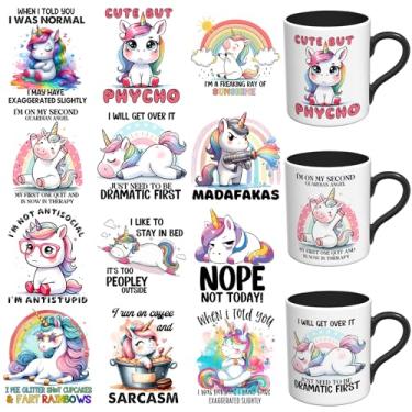 Imagem de XRTHGS 12 peças engraçadas de unicórnio estilo UV DTF Cup Wrap UV DTF adesivos adequados para canecas, óculos, cadernos, computadores, mesas e cadeiras, etc. para criatividade DIY, papel de