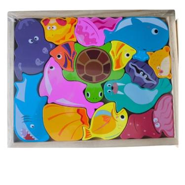 Imagem de Quebra-Cabeça 3D Infantil em Madeira – Brinquedo Educativo de Encaixe com Animais e Formas – Estimula Coordenação Motora, Criatividade, Concentração e Desenvolvimento Cognitivo (Animais Marinhos)