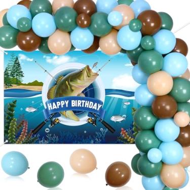 Imagem de kreat4joy Gone Fishing Decorações de aniversário masculino menino, decoração de festa de pesca, arco de balão azul verde marrom com peixes, feliz aniversário, pano de fundo para peixes aventura ao ar