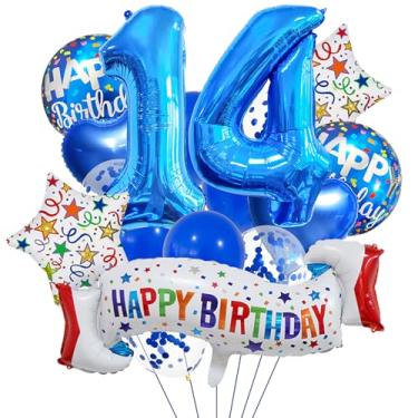Imagem de Conjunto de decoração de aniversário de 14 anos, balão de coração azul de 14 anos, balão colorido de feliz aniversário de 14 anos para meninas, meninos, crianças, adultos, decoração de aniversário de