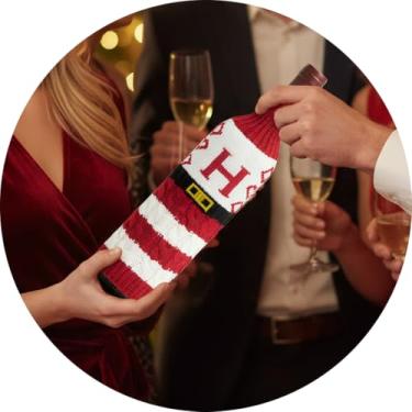 Imagem de Capa de garrafa de vinho, decoração de mesa de Natal divertida para festas de fim de ano, manga de vinho de malha para troca de presentes, decoração de casa