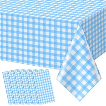 Imagem de YIDAKO 6 peças de toalha de mesa xadrez azul claro, toalhas de mesa xadrez azul búfalo, capas de mesa de plástico descartáveis para aniversário, chá de bebê, festa de casamento, decorações de