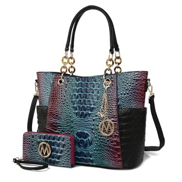 Imagem de MKF Collection Bolsa feminina com alça superior para carteira - bolsa de couro vegano, Arco-íris, croco, mirtilo, Large