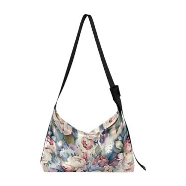 Imagem de Bolsa de ombro feminina Hobo de couro PU com estampa de folha de bordo de abóbora de Ação de Graças, Buquê de flores coloridas