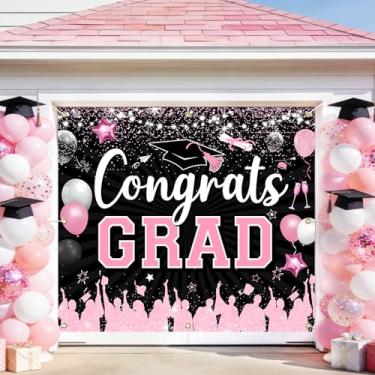 Imagem de Sursurprise 2,1 x 2,4 m rosa preto porta de garagem graduação banner capa, 2026 Congrats Grad grande pano de fundo quintal placa interior exterior palco fundo de palco exterior interior formatura