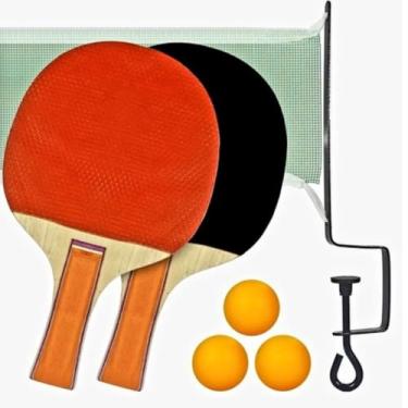Imagem de Kit Ping Pong Completo Profissional com 2 Raquetes, 3 Bolas, 1 Rede e 2 Suportes Ajustáveis, Cabo Anatômico, 32x19cm
