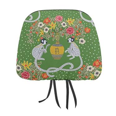 Imagem de Macacos brancos vintage sem costura com guarda-chuva verde em verde 2 peças capas protetoras de encosto de cabeça para assento de carro universal, capa macia para encosto de cabeça de carro