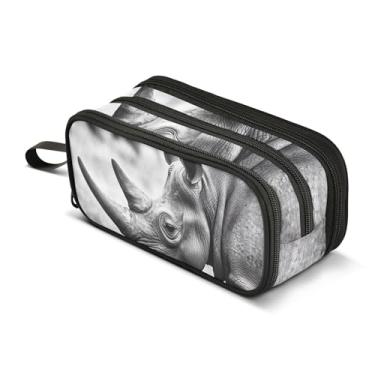Imagem de TSENQUE Rhino Estojo de lápis preto e branco para foto rinoceronte bolsa de lápis grande bolsa de armazenamento de lápis para meninas bolsa de caneta decorativa faculdade escolar escolar material de