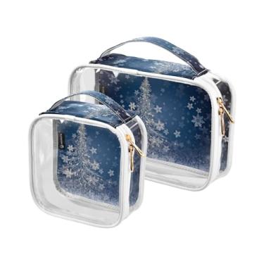 Imagem de GAIGEO Bolsa transparente de viagem com duas flores pintadas, bolsa organizadora transparente, acessórios cosméticos de viagem, pacote com 2, Flocos de neve e árvore de Natal azuis e brancos, one size