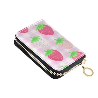 Imagem de Carteira com porta-cartões com bloqueio de RFID, pequena carteira feminina de couro para viagem com zíper, morangos fofos, rosa