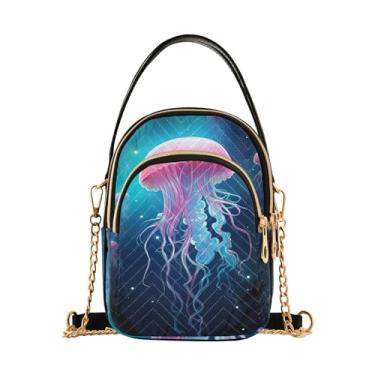 Imagem de GAIGEO Bolsa tiracolo feminina azul e dourada natalina, bolsa de ombro com zíper, bolsa transversal de verão, Jellyfish Underwater in the Galaxy-3, One Size