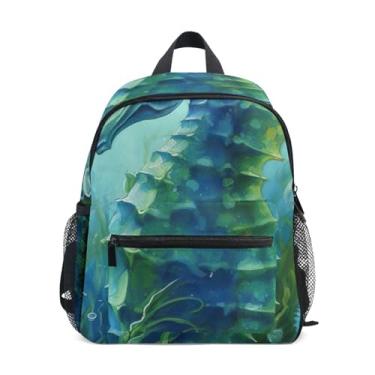 Imagem de GAIGEO Floral Seahorse Teal Blue Kids' Backpack 10x4x12 In, Backpack for Kindergarten Girls with Water Bottle Pockets, Whistle Buckle