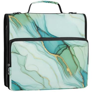 Imagem de Organizador de fichário com zíper, aquarela, mármore, azul-petróleo, 3 anéis, anel D, bolsa profissional para fichários escolares com alça de ombro, pasta de armazenamento com alça, 34,5 x 31,5 x 9 cm