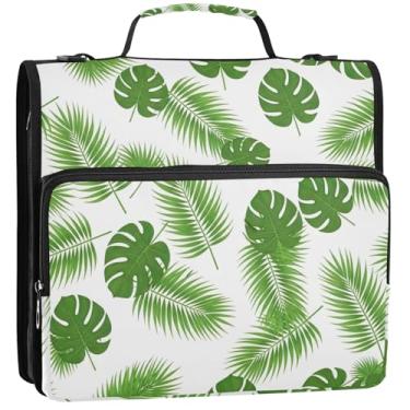 Imagem de Lindos fichários com 3 anéis de 3,5 cm Anel D verde tropical palmeira branca com zíper organizador de fichário comporta 500 folhas, bolsa escolar com alça de ombro, 34,5 x 31,5 x 8,9 cm