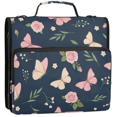 Imagem de Butterflies Roses Floral Navy 3,8 cm Fichários 3 anéis com zíper organizador de fichário com alça para escola, divertido, vários bolsos, pasta grande, 34,5 x 31,5 x 9 cm