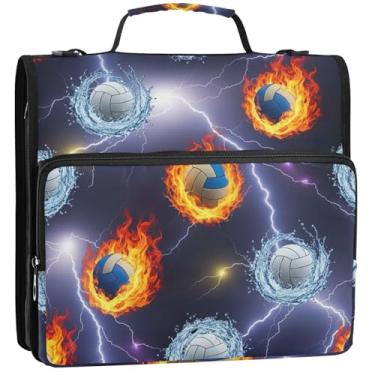 Imagem de Organizador de fichário rosa com zíper de 3,8 cm, 3 anéis, bolas de vôlei, água, chamas vívidas, pasta de armazenamento com alça para guardar fichário, bolsa com alça para escola, 34,5 x 31,5 x 9 cm
