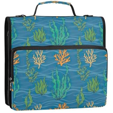 Imagem de Organizador de fichário de viagem com zíper 3 fichários de 3,8 cm, anel subaquático de plantas corais, verde, portfólio e estojo para pasta de anéis, bolsa de fichário com alça para escola, 34,5 x