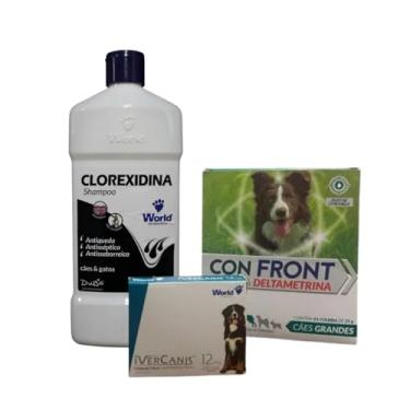 Imagem de Kit Completo Antiparasitário Ivercanis 12mg 4 Comprimidos Shampoo Clorexidina 500ml Coleira Deltametrina 25g Proteção Pulgas Carrapatos Sarna