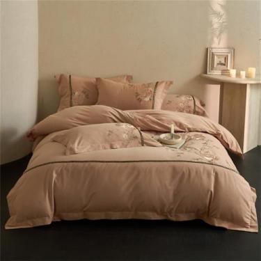 Imagem de Jogo de cama bordado com flores, em algodão escovado, com capa de edredom e lençol de baixo, cor 4, tamanho King (220x240cm), 4 peças.