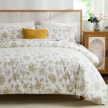 Imagem de Capa de edredom Cozeline 100% algodão, tamanho Queen, conjunto de cama floral amarelo com fecho de zíper, 3 peças de capa de edredom botânica respirável e macia chique para todas as estações