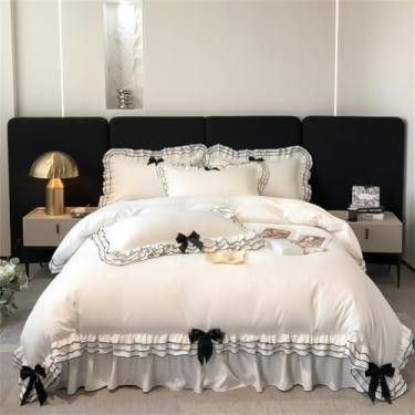 Imagem de Conjunto de Cama Princesa com Babados, Capa de Edredom, Saia de Cama, Lençol de Baixo, Lençol de Cima, Fronhas, Laço Preto, 1, Saia de Cama A1.8M (4 peças)