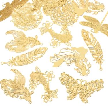 Imagem de Spritewelry Amuletos de filigrana de ouro banhado a ouro 18 K com flor de inseto, pingente de folha de ginkgo, pingentes de lótus de borboleta fina de metal para fazer joias e artesanato