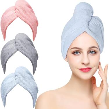 Imagem de Pacote com 3 toalhas de cabelo de microfibra para mulheres, toalhas de cabelo de secagem rápida, macio, leve, turbante de secagem rápida para cabelos cacheados e longos (rosa cinza azul)
