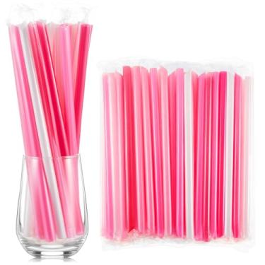 Imagem de Tessco for you Canudos de Smoothie Jumbo Granel Grande Plástico Descartável Bolhas Canudos de Chá de Boca Larga Embalados Individualmente para Beber Milkshakes Caseiros Altos (24 cm, Rosa, 100 Peças)