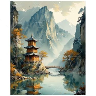 Imagem de TAOPAOLAB Kit de pintura cênica por números para adultos - Pintura de paisagem de rio e pagode de montanha faça você mesmo em tela 30 x 40 cm, conjunto de tinta acrílica emoldurada para iniciantes