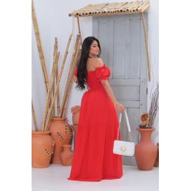 Imagem de Vestido longo cigana com elastex de tecido viscolinho - SP STORE, Verm