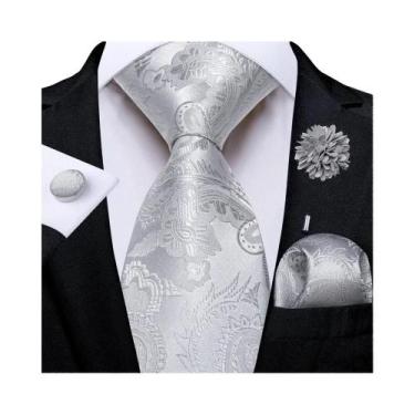 Imagem de Gravata Masculina Floral Paisley Rosa Com Lenço De Bolso, Abotoaduras 