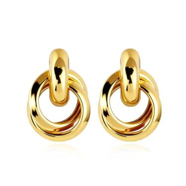 Imagem de ANGLEQUEEN Brincos de ouro grosso para mulheres 14K banhado a ouro 14 quilates brincos de argola de nó redondo brinco de declaração de ouro vintage brinco de gota brinco joia moderna presente para