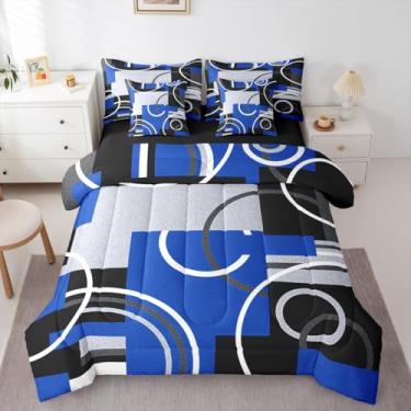 Imagem de Erosebridal Conjunto de cama de 7 peças, azul royal, preto, cinza, espiral, espiral, abstrato, ilhoses, listras, decoração de quarto, geométrico, xadrez, arte gráfica moderna, lençol de cama para