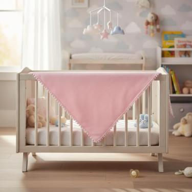 Imagem de Manta Cueiro Bebê em Malha Dupla 100% Algodão com Pompom Rosa 70x80cm Hipoalergênica Macia e Confortável