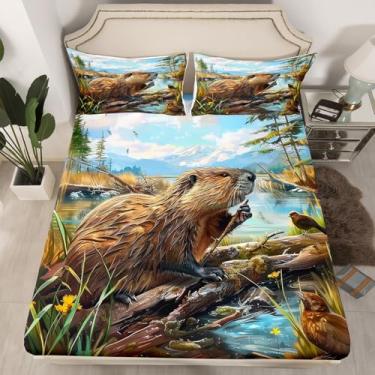 Imagem de Erosebridal Jogo de cama Queen 3D Capivara rústica, para meninos e meninas, adolescentes, animais do oceano, castor, vida selvagem, lençol com elástico, 2 fronhas