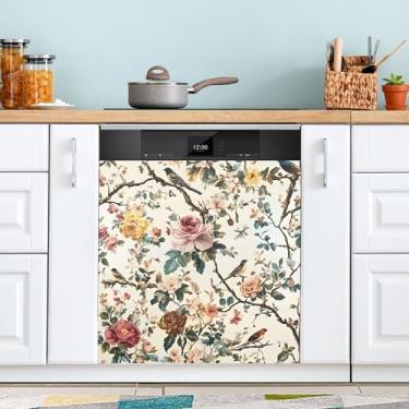 Imagem de SEHANY Lindas flores fofas pássaros capa magnética para lava-louças, adesivos magnéticos decorativos antiarranhões para painel de geladeira e lava-louças, decoração de flores de fazenda, cozinha