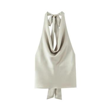 Imagem de Blusa Feminina De Cetim Com Gola Halter Ajustável, Sem Mangas, Costas 