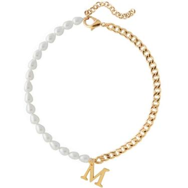 Imagem de Wellike Colar de corrente de meia pérola, meia Cuba, com iniciais, aço inoxidável, PVD, pingente de ouro 18K, gargantilha grossa de ouro com caixa de presente, Standard, Pérola, Pérola de vidro