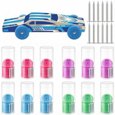 Imagem de Timtin 12 Set Wheels and Axels Kit Compatible with Pinewood Derby, Derby Car Kit Pine Wood Wheels for Multi Car Projects with Storage Box (Mixed Colored)