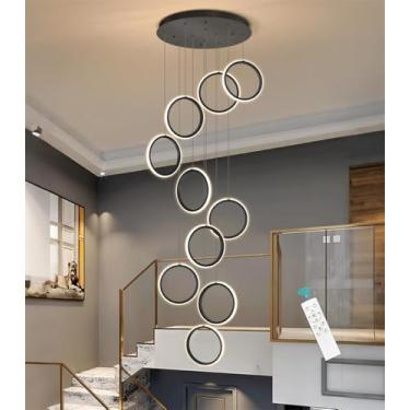 Imagem de Luminária pendente LED moderna com anel longo para escada, ideal para sala de estar, lustre de alumínio com regulagem de intensidade, estilo Xuanguan, perfeita para sala de jantar, quarto, e
