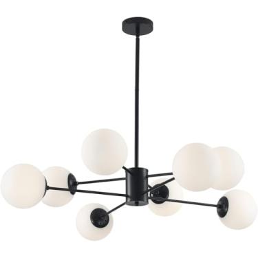 Imagem de Lustre Sputnik Preto para Teto com 8 Lâmpadas e Bolas de Vidro, Estilo Moderno de Meados do Século XX, Ideal para Ilha de Cozinha (Preto e Branco)