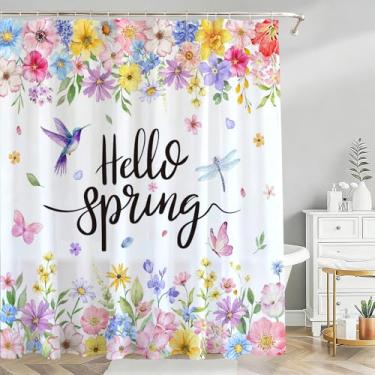 Imagem de Mocsicka Cortina de chuveiro floral primavera Hello Spring Cortina de chuveiro floral aquarela flor casa de fazenda tecido impermeável decoração de banheira com 12 ganchos 182 x 182 centímetros