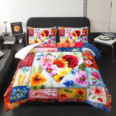 Imagem de lneffble Conjunto de edredom floral, vintage, colorido, tamanho Queen, com 1 edredom e 2 fronhas