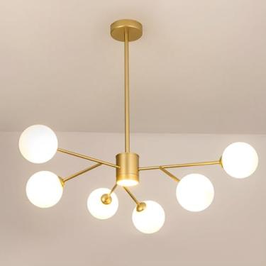 Imagem de Lustre de interior com globo de vidro branco, lustre moderno dourado para teto, ideal para sala de jantar, sala de estar, quarto, cozinha e escritório (diâmetro da haste: 10 cm + 20 cm + 30