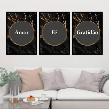 Imagem de Kit 3 Quadros Amor, Fé, Gratidão Preto Dourado 45X34Cm Preta