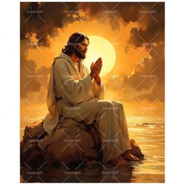 Imagem de Kit de pintura de arte cristã por números para adultos - DIY Jesus rezando ao pôr do sol sobre pintura rupestre em tela, 20 x 30 cm, conjunto de tinta acrílica emoldurada, adequado para iniciantes