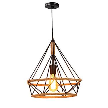 Imagem de Luminária pendente industrial vintage E27 em formato de gaiola, estilo moderno, pirâmide com diamantes, lustre rústico retrô para loft, luminária de teto em corda de cânhamo para café e sala