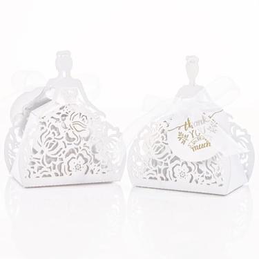 Imagem de Pacote com 50 caixas de presente de doces brancos, pequenas caixas de presente com cartão de agradecimento, fitas de padrão feminino, caixas criativas de lembrancinhas de festa para decoração de