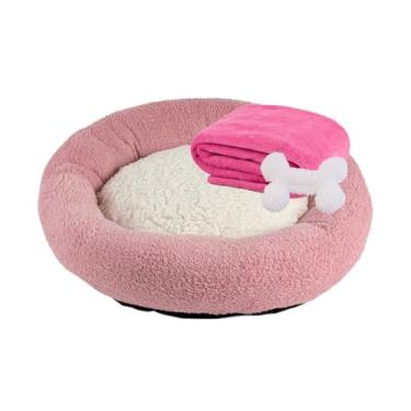 Imagem de Kit Cama para cachorro e Gato Nuvem 3 peças Manta Ossinho Pelucia Lávavel Caminha Redonda Pet(Rosa,P)
