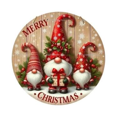 Imagem de Placa De Madeira Feliz Natal 2D Com Gnomo E Boneco De Neve Para Pendur
